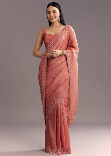 Rust Brown Crushed Tissue Cutdana And Sequin Embroidered Saree