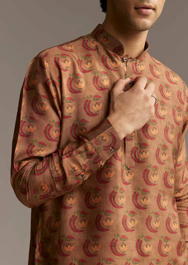 Rust Brown Designer Kurta For Men With Traditional Crescent Motif Print