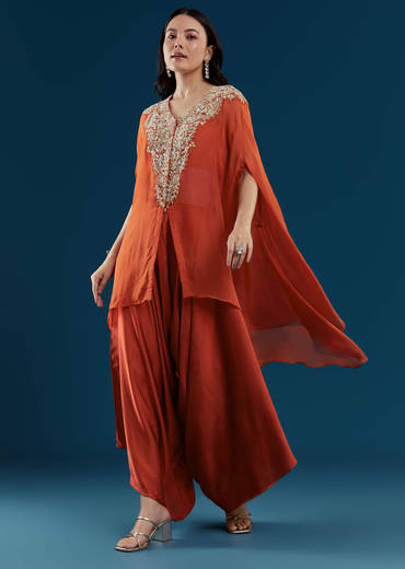 Rust Cape and Dhoti Set with Zardozi Work