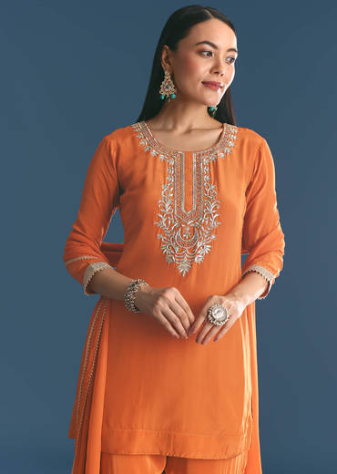 Rust Crepe Kurta Sharara Suit With Zardosi And Sequins Dupatta