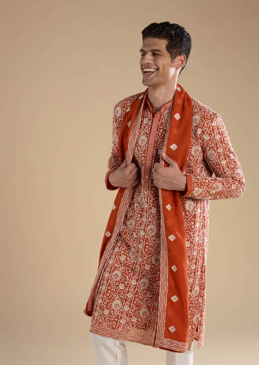 Rust Embroidered Silk Kurta Set with Dupatta