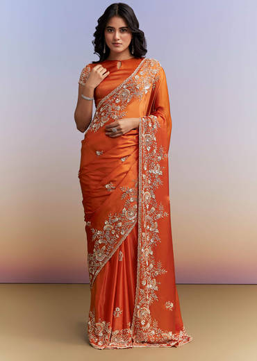 Rust Orange Satin Saree With Heavy Hand Embroidery