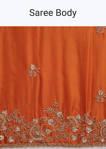 Rust Orange Satin Saree With Heavy Hand Embroidery