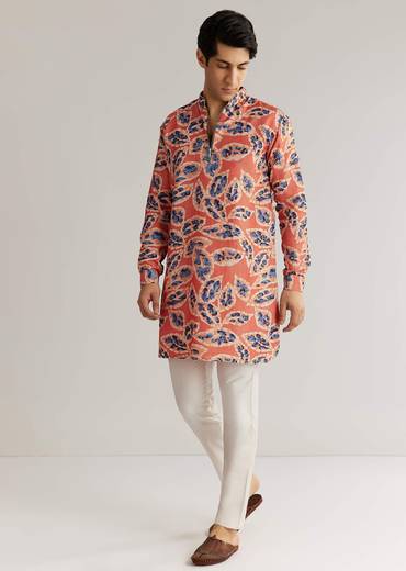 Rust Orange Silk Zipper Kurta Set