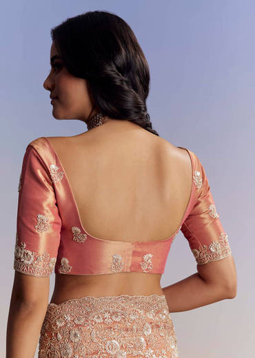 Rust Orange Tissue Saree With Floral Embroidery In Cutdana Sequins And Beads