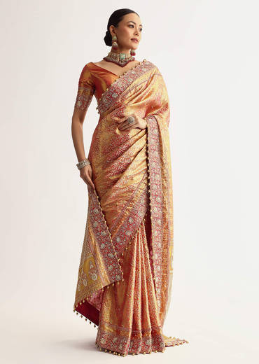 Rust Orange Tissue Saree With Heavily Embroidered Border And Pallu