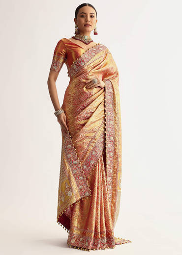Rust Orange Tissue Saree With Heavily Embroidered Border And Pallu