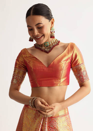 Rust Orange Tissue Saree With Heavily Embroidered Border And Pallu