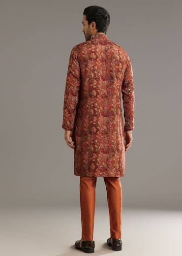 Rust Pashmina Silk Kurta Set With Stone Embellishment