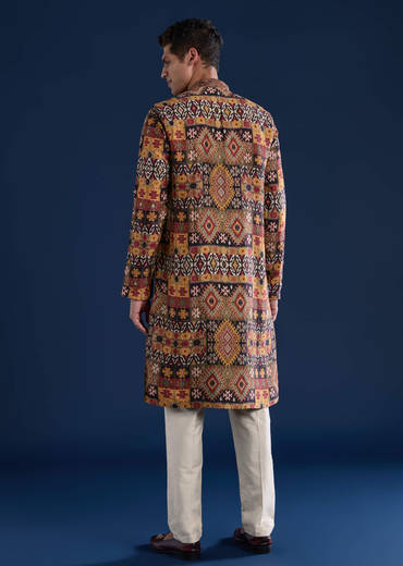 Rust Rawsilk Printed Mens Kurta and Pant Set