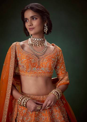 Rust Silk Bridal Lehenga Set with Zari Work