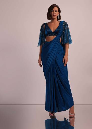 Blue Hand Embroidered Ready Pleated Saree And Blouse In Crepe
