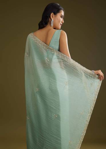 Sage Blue Crush Tissue Stone And Sequin Embroidered Saree With Scallop Border