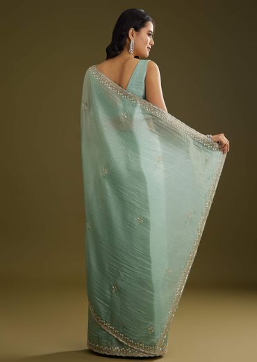 Sage Blue Crush Tissue Stone And Sequin Embroidered Saree With Scallop Border