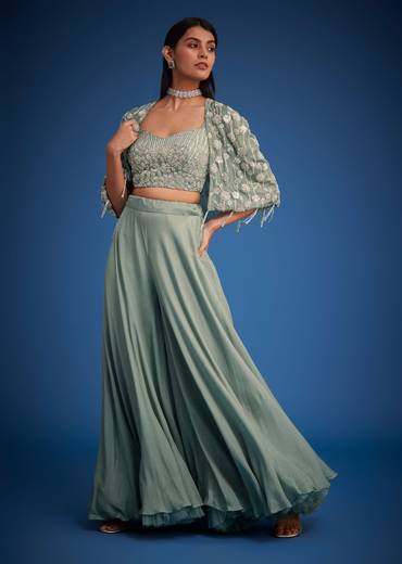 Sage Green Georgette Embroidered Cape Palazzo Set