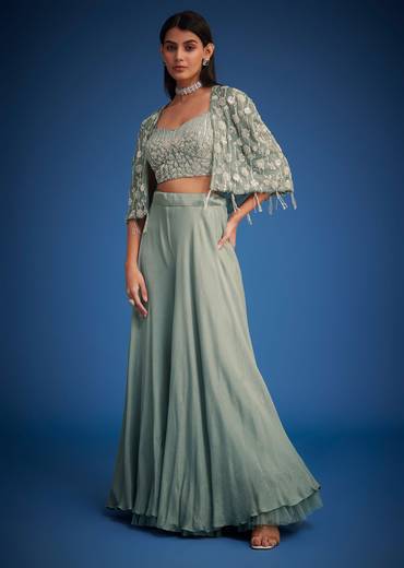 Sage Green Georgette Embroidered Cape Palazzo Set