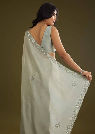 Sage Green Tissue Floral Embroidered Saree With Cutdana And Sequin Work