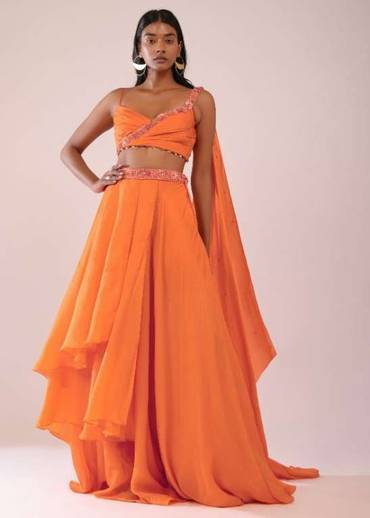 Orange Satin Organza Drape Lehenga And Blouse Set With Attached Pallu