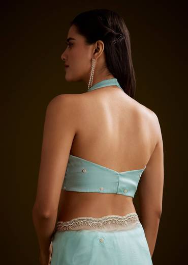 Sea Green Crush Tissue Saree With Stone And Moti Embroidery And Scallop Border