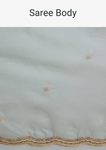 Sea Green Crush Tissue Saree With Stone And Moti Embroidery And Scallop Border