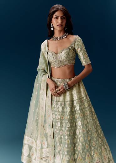 Sea Green Banarasi Embroidered Bridal Lehenga With Dupatta