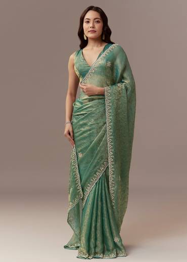 Sea Green Jacquard Tissue Saree With Cutdana Stones And Sequin Embroidery