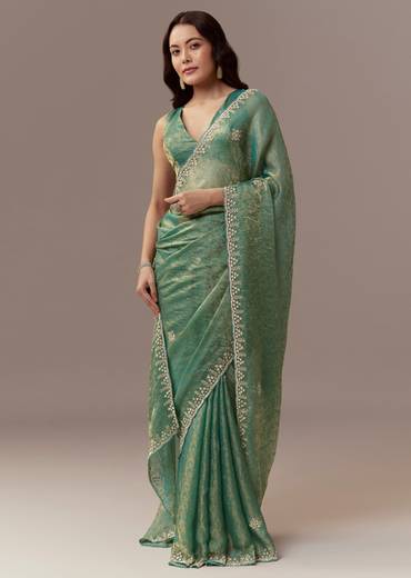 Sea Green Jacquard Tissue Saree With Cutdana Stones And Sequin Embroidery