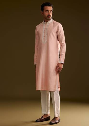 Sea Shell Pink Silk Kurta Set With Embroidery