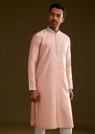 Sea Shell Pink Silk Kurta Set With Embroidery