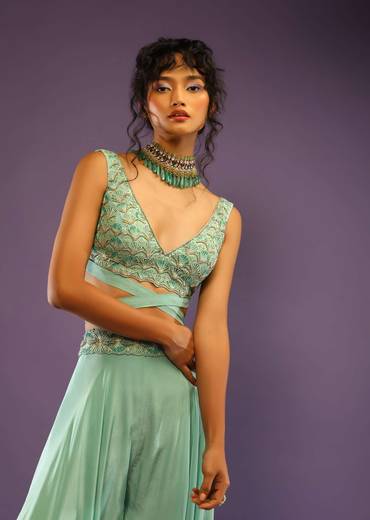 Sea Green Palazzo And Crop Top With Wrap Around Straps And Shaded Green Bead Work In Scallop Motifs