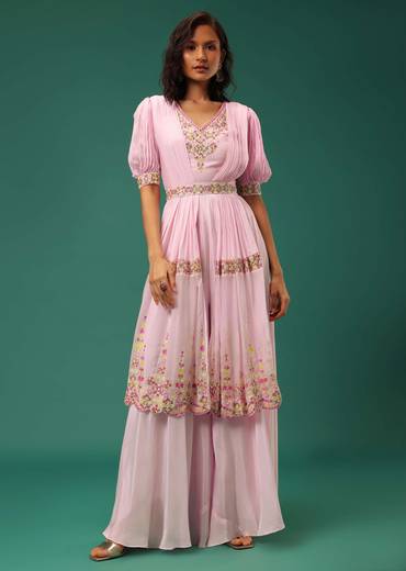 Pastel Pink Embroidered Jumpsuit in Crepe With Mirror Work