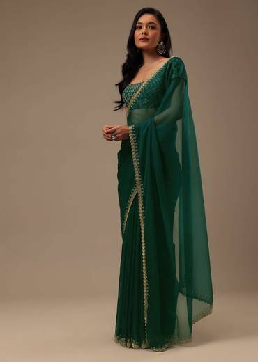Teal Green Plain Organza Saree With Heavy Cut Dana Work