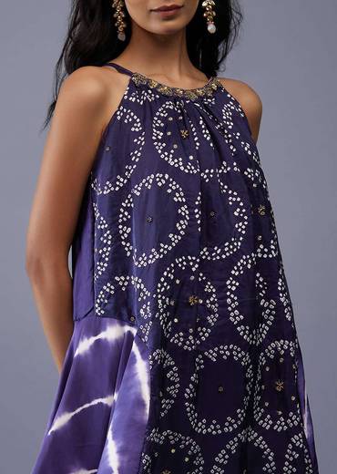 Midnight Blue Silk Bandhani Top With Tie-Dye Side Panel And Silk Dhoti Pants