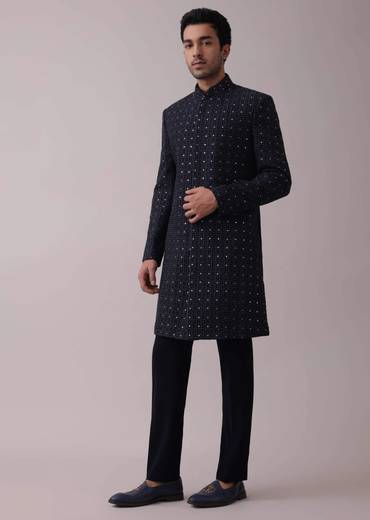 Navy Blue Achkan Set With Mirror And Cut Dana Embroidery