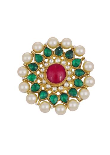 Green And Red Tone Kundan Earrings With Pearls