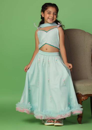 Kalki Mint Blue Embroidered Blouse And Lehenga Set In Net For Girls