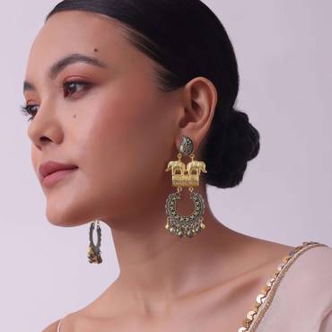 Two-Tone Silver Finish Oxidised Chandbalis In Fusion Style