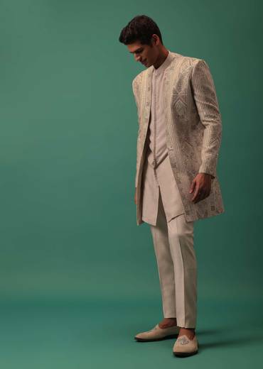 Off White Heavy Hand Embroidered Jacket Kurta Set