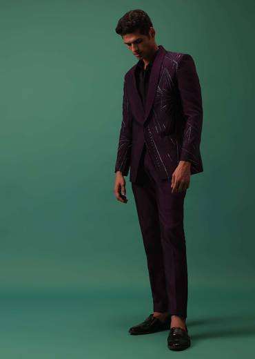 Wine Hand Embroidered Tuxedo Set With Fusing Pants