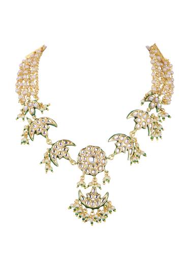 Gold Finish Green Kundan Necklace Set With Beads And Pearls