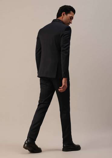 Black Terry Rayon Tuxedo Set With Cut Work Embroidery