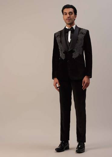 Black Crystal Handwork Tuxedo Set In Velvet