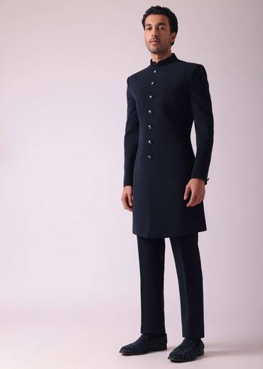 Navy Blue Geometric Patterned Achkan Style Indo Western Set