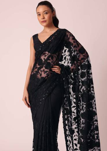 Black Net Saree With Floral Threadwork And Unstitched Blouse Piece