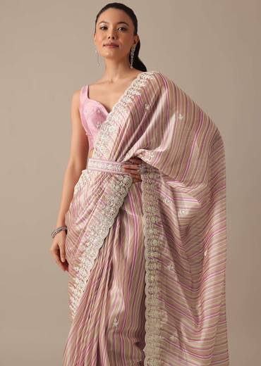 Pink Satin Saree With Belt And Unstitched Blouse Piece