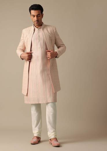 Pink Dupion Silk Embroidered Sherwani Set
