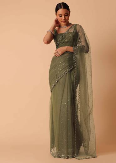 Green Net Saree With Sequin Work And Unstitched Blouse Piece