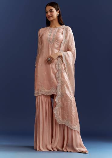 Peach Tissue Cutdana Kurta With Stone Work Dupatta In Tissue