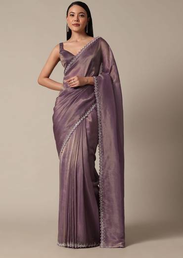 Regal Purple Saree With Mirror and Stone Scallop Border