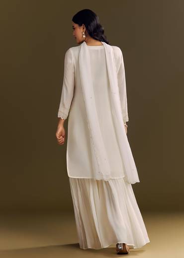 White Chinon Cutdana Kurta Sharara With Moti Work Dupatta